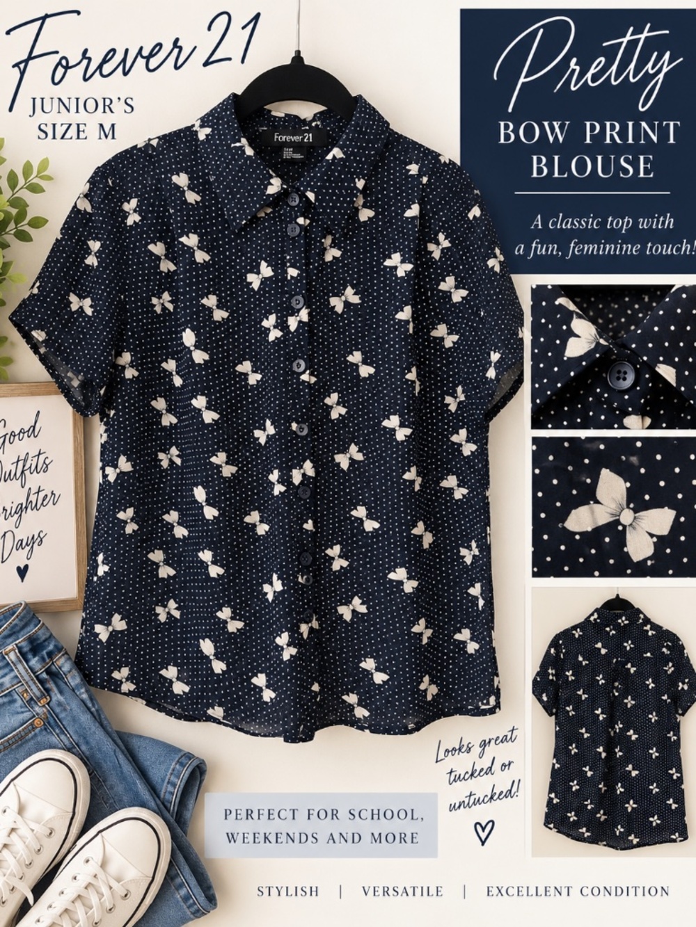 Forever 21 Navy Bow Print Button Up Blouse Junior’s M